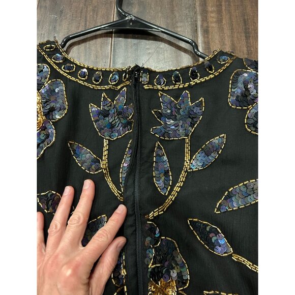 Sequin Beaded Large Papell Boutique Evening Black Floral Top Event Holiday Glam - Picture 6 of 9